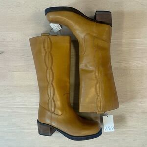 Zara Tan Leather Heeled Boots Woman Size 9